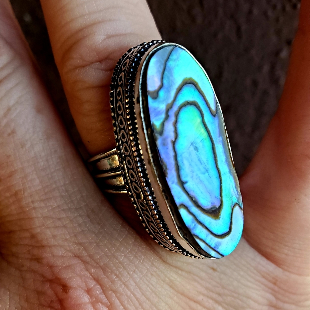 New Oversized Abalone Shell 925 Silver Statement Ring.